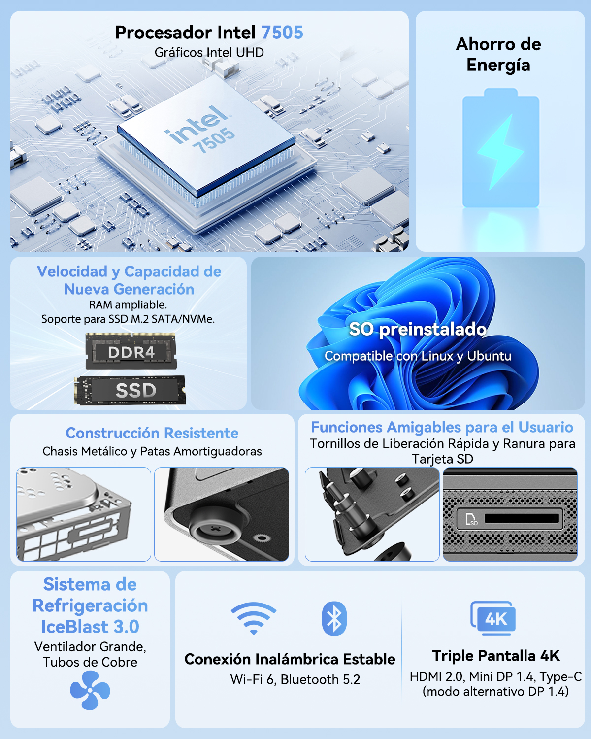 Infografía con características de PC: procesador Intel, ahorro de energía, RAM, SO preinstalado, puertos y refrigeración.