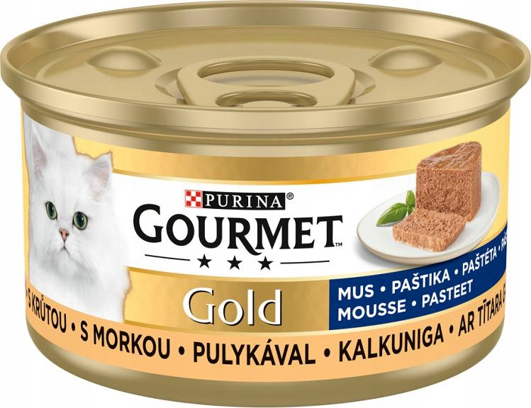 Puszka karma dla kota Purina Gourmet Gold z białym kotem i musem.