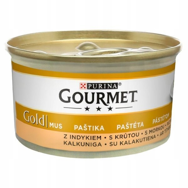 Puszka karma dla kota Purina Gourmet Gold o smaku indyka na białym tle.