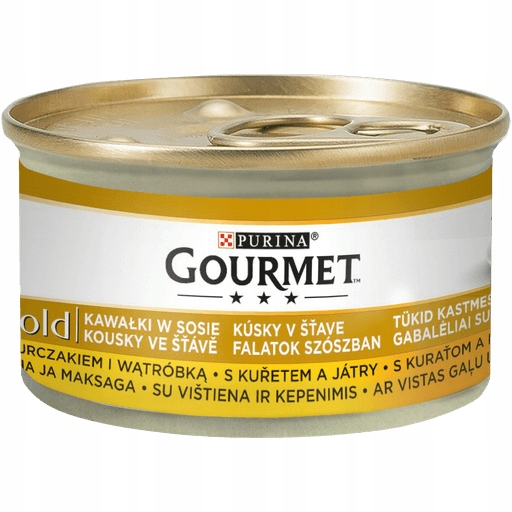 Okrągła puszka z karmą dla kota Purina Gourmet ze złotym wiekiem i biało-żółtą etykietą na białym tle.