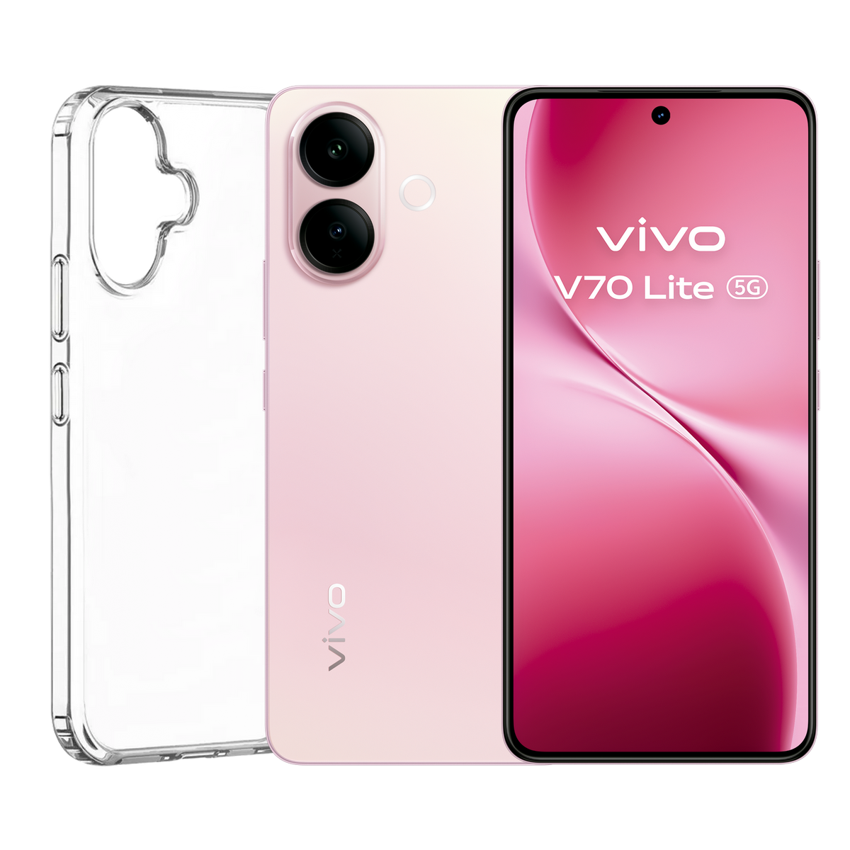Uno smartphone rosa Vivo V70 Lite 5G con custodia trasparente e sfondo nero.