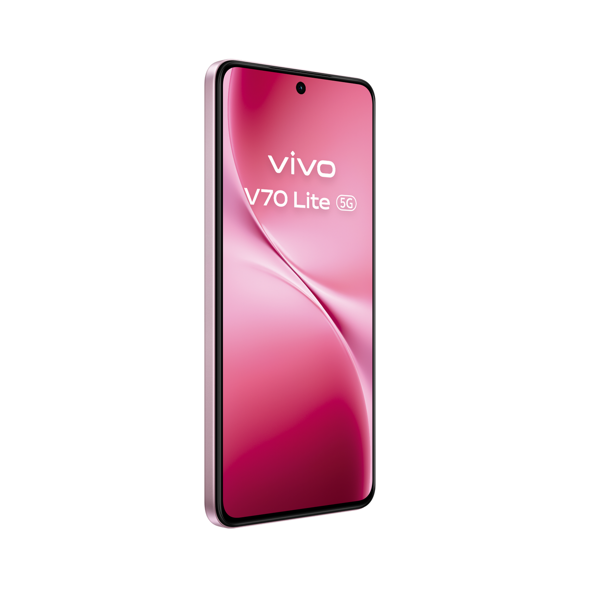 Uno smartphone rosa Vivo V70 Lite 5G inclinato su sfondo nero.