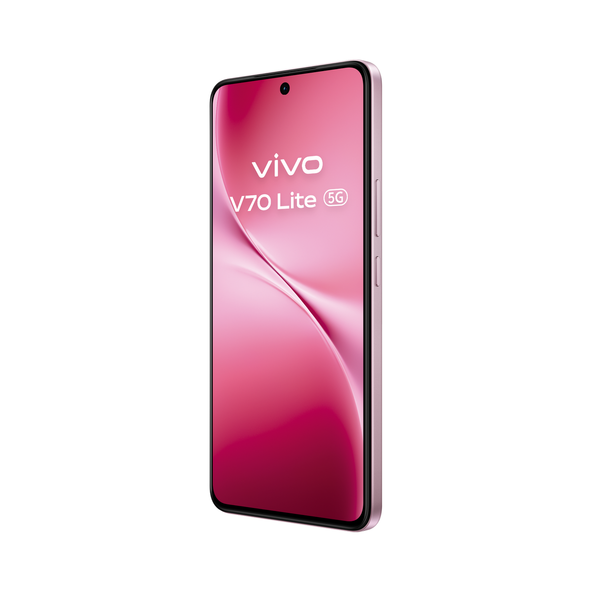 Uno smartphone rosa vivo V70 Lite 5G su sfondo nero, inclinato per mostrare lo schermo.