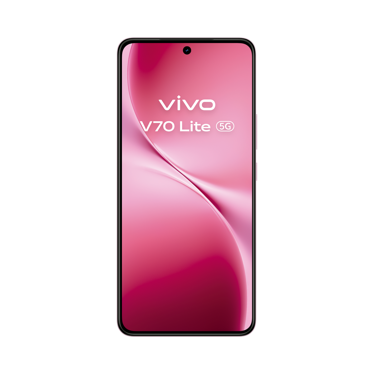 Vista frontale dello smartphone vivo V70 Lite 5G su sfondo nero con sfondo rosa.