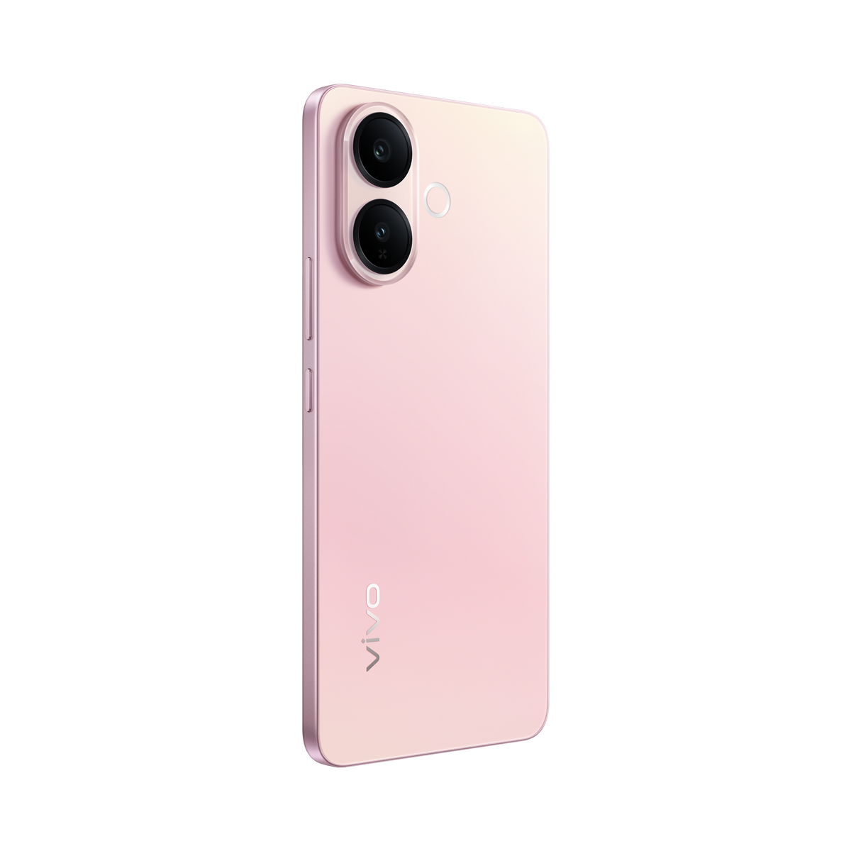 Uno smartphone Vivo rosa visto da dietro su sfondo nero.
