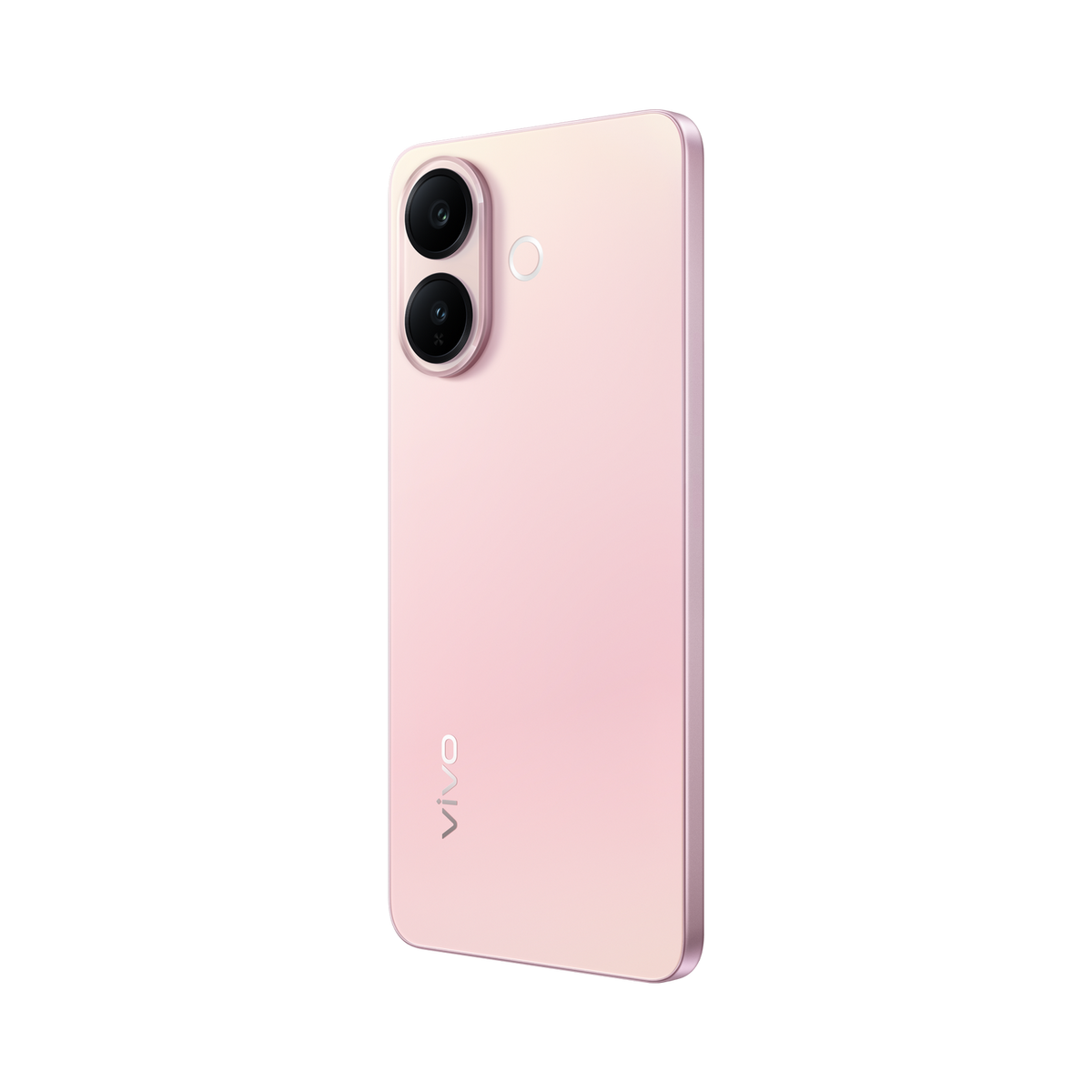 Uno smartphone rosa con una doppia fotocamera verticale sul retro e il logo vivo, su sfondo nero.