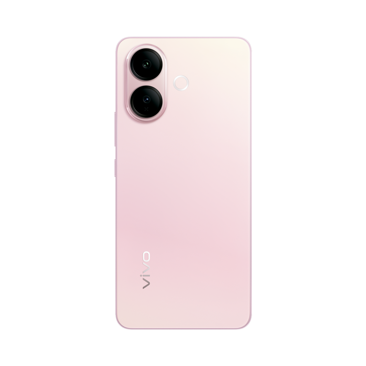 Retro di uno smartphone rosa chiaro con due obiettivi fotografici verticali in alto a sinistra e il logo vivo in basso.