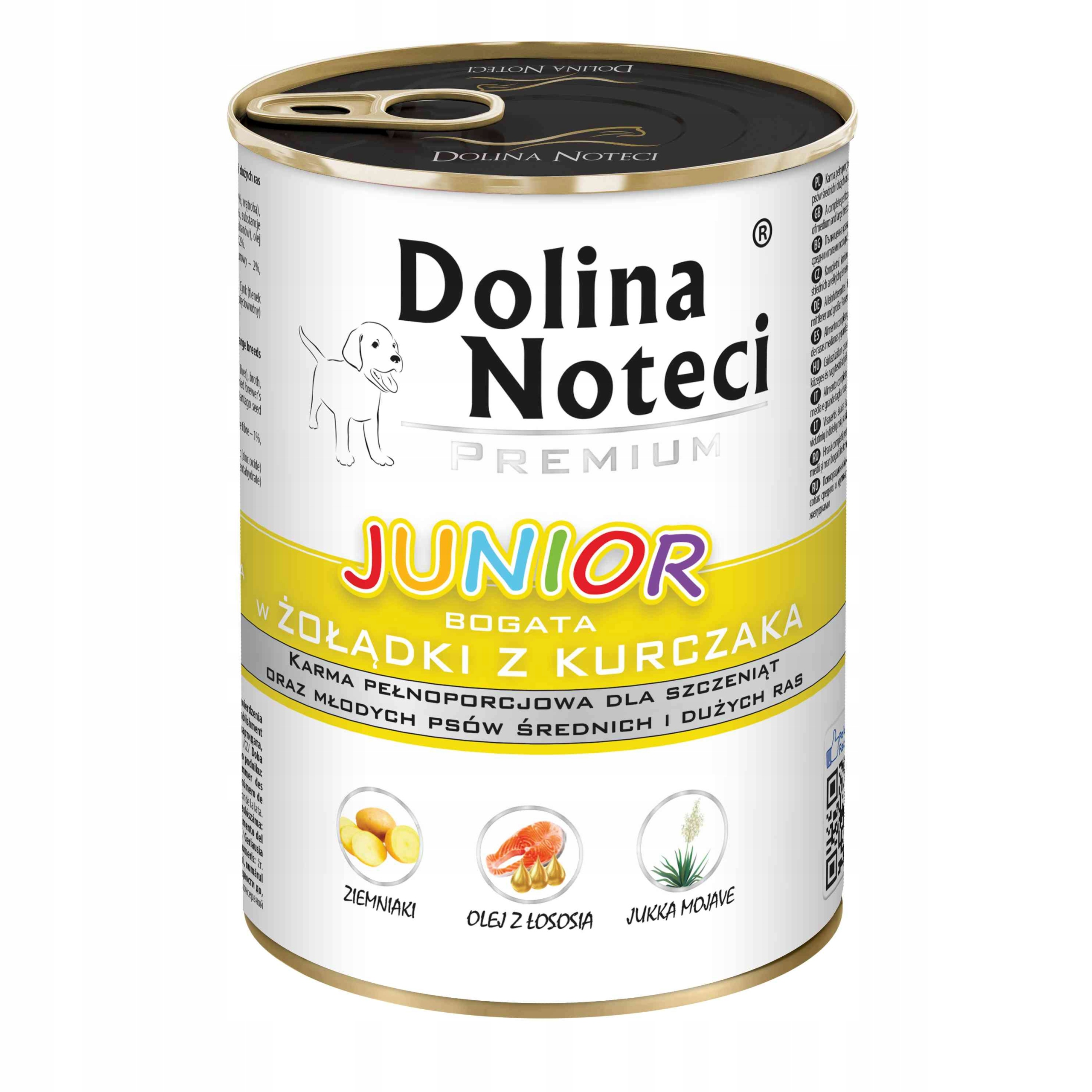Puszka karmyt Dolina Noteci Junior z kurczakiem, rysunkiem szczeniaka i ikonami składników na białym tle.