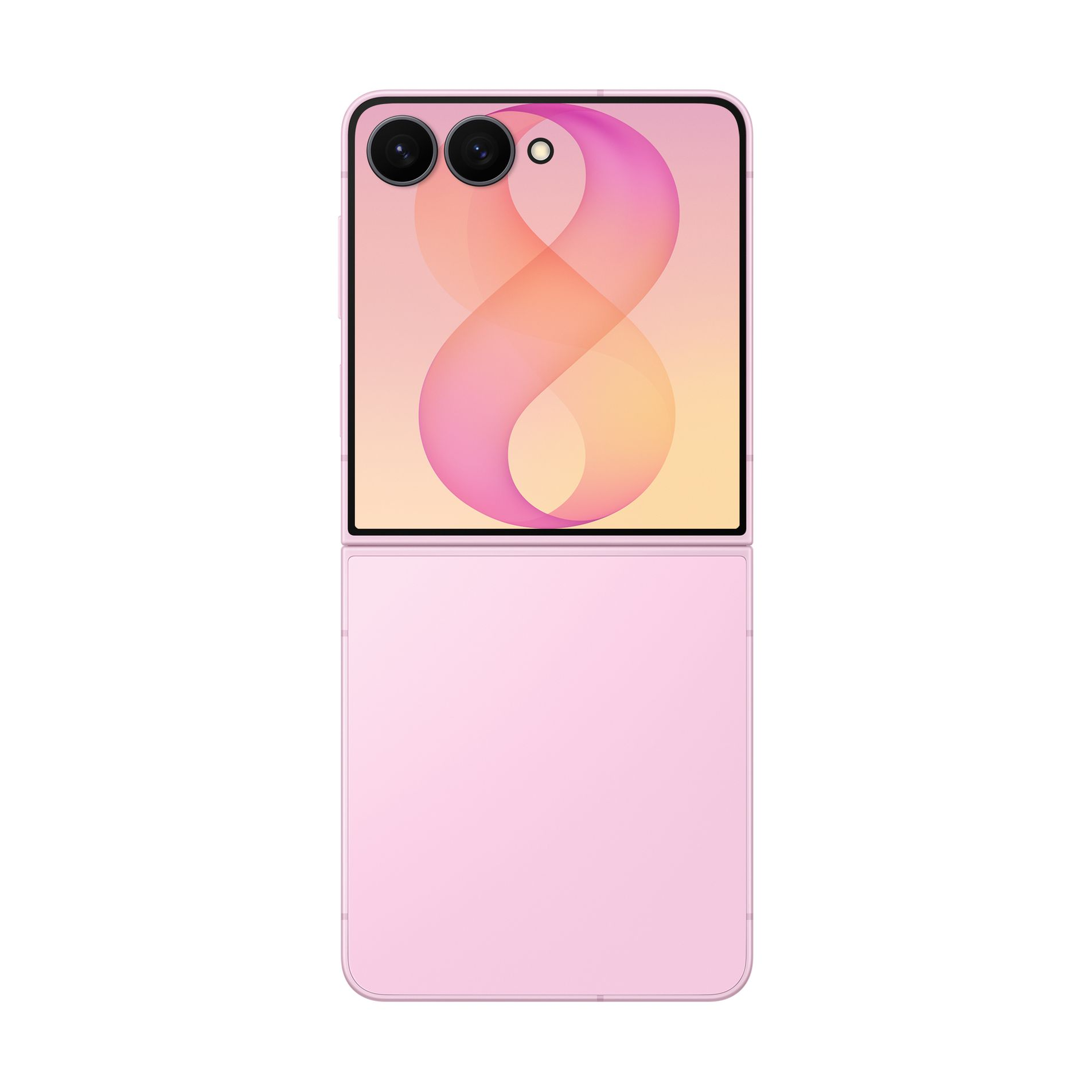 Uno smartphone pieghevole rosa con due fotocamere e uno schermo esterno che mostra un motivo astratto arancione e rosa.