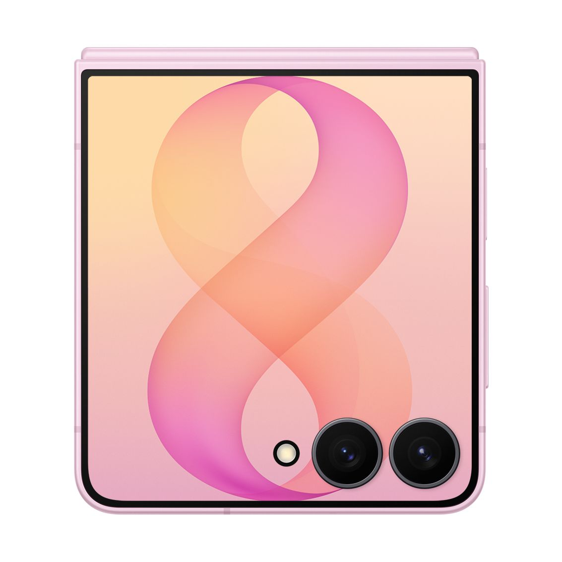 Uno smartphone pieghevole rosa mostra un motivo fluido e due fotocamere posteriori.