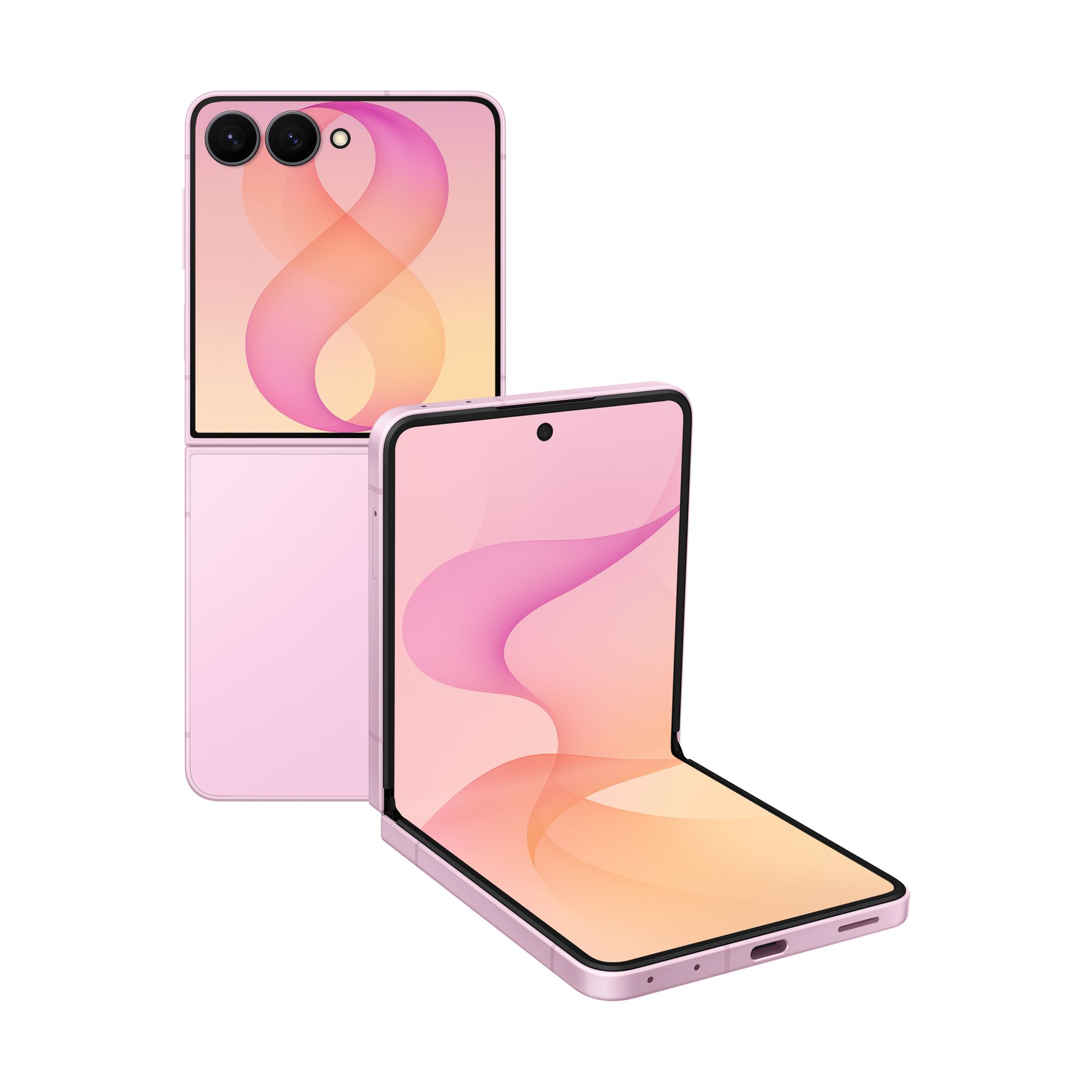Due smartphone pieghevoli rosa, uno chiuso e uno semiaperto, con sfondi astratti sullo schermo.