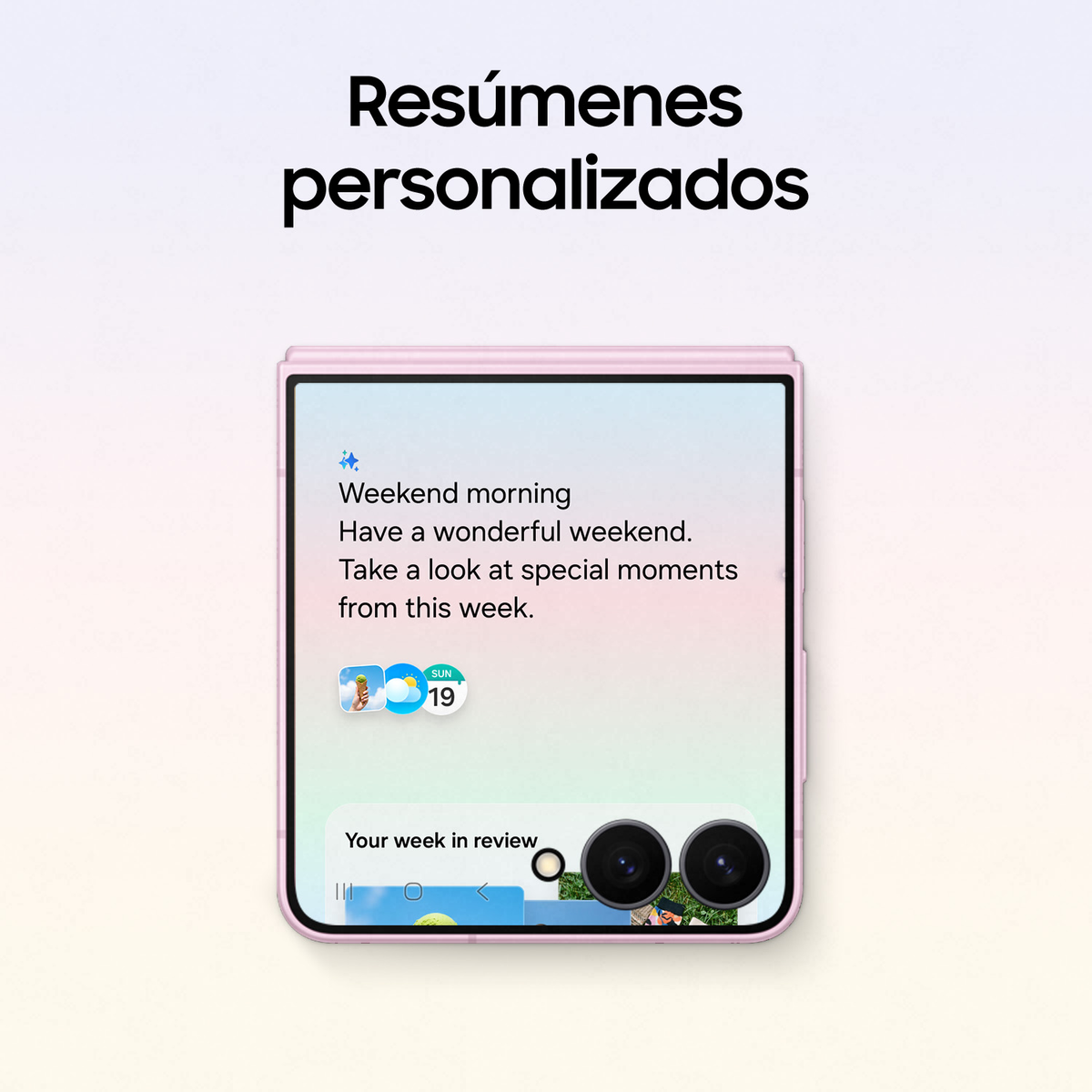 Uno smartphone pieghevole che mostra riepiloghi personalizzati sullo schermo su sfondo sfumato.