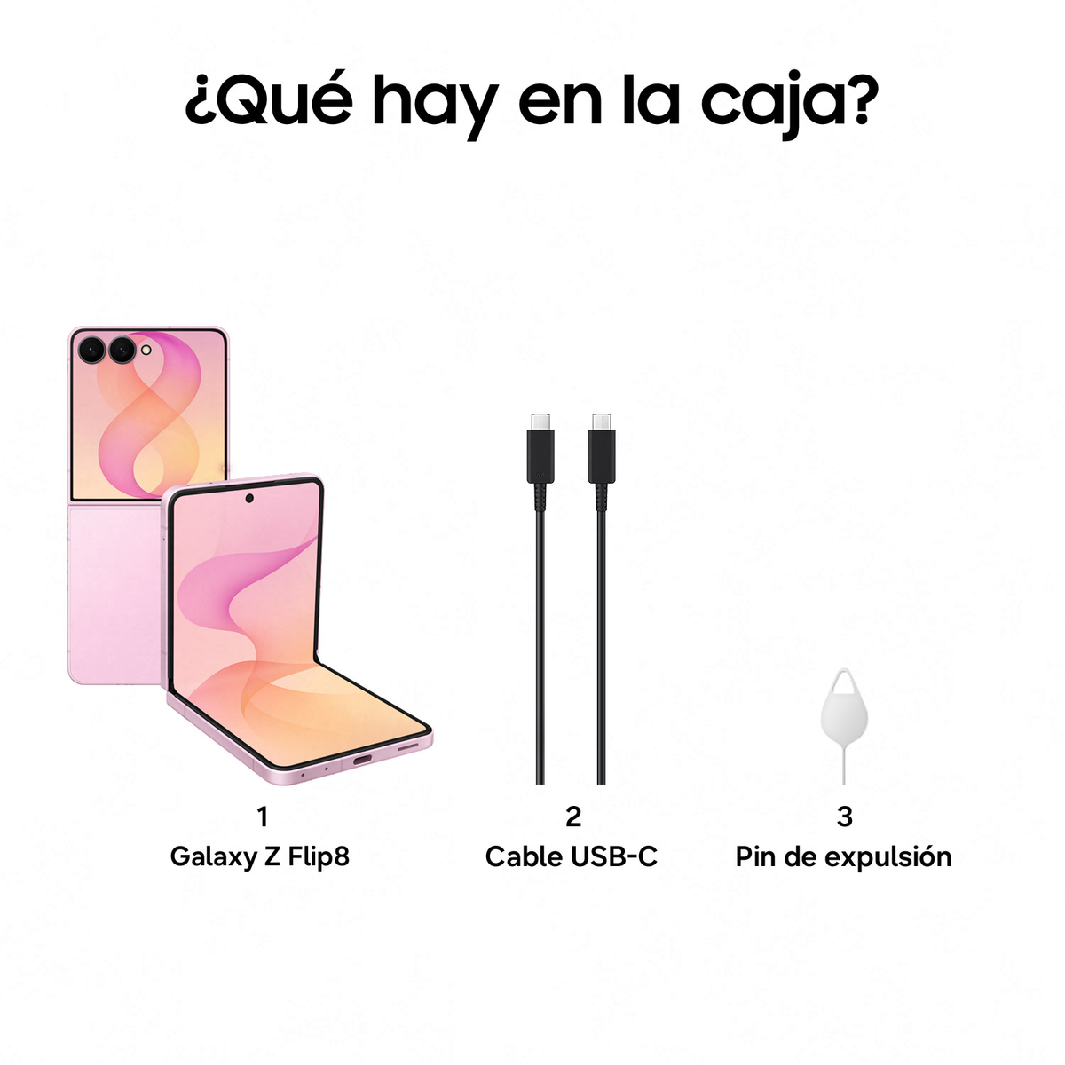 L'immagine mostra il contenuto di una scatola con uno smartphone rosa, un cavo USB-C e una spilla SIM.