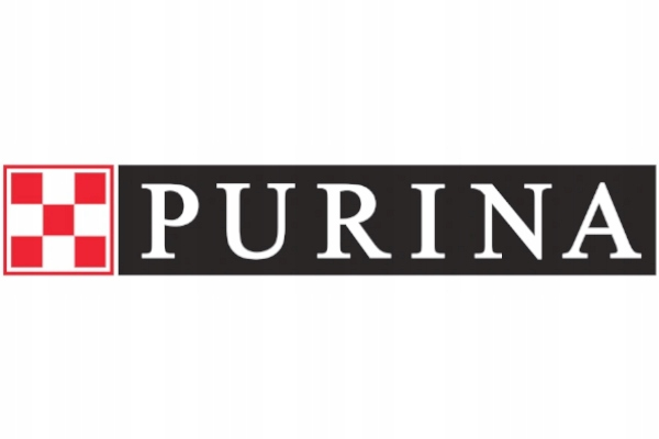 Logo Purina z białym napisem na czarnym tle i czerwono-białą szachownicą po lewej stronie.