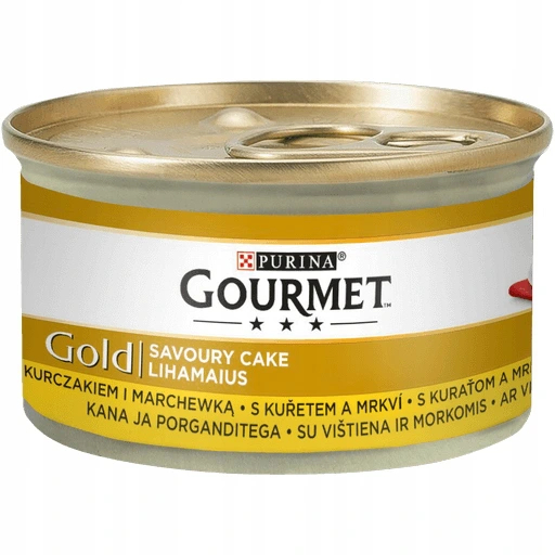 Złota puszka karmy dla kota Purina Gourmet Gold z kurczakiem i marchewką.