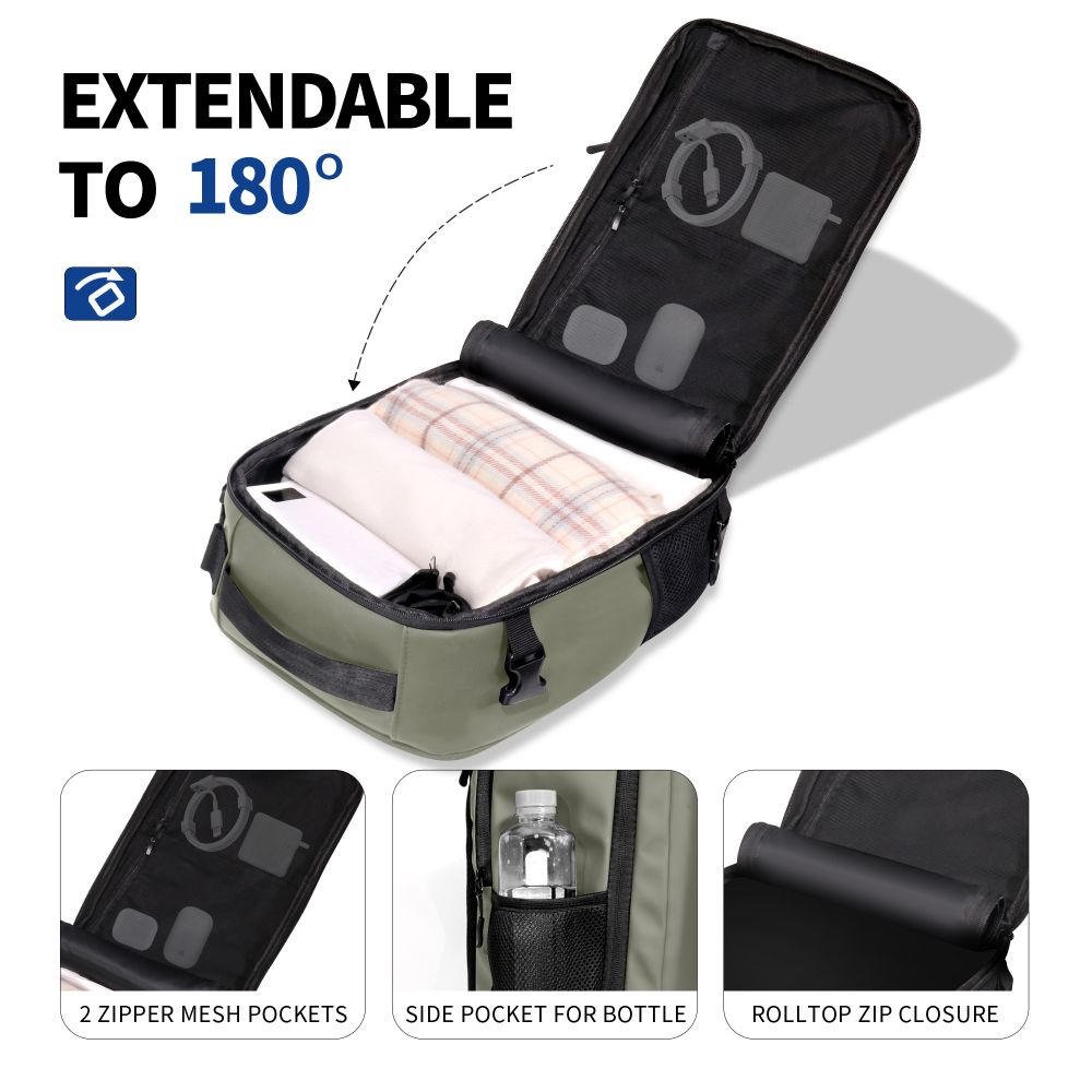 Zaino verde apribile a 180 gradi, con tasche in rete, portabottiglie e chiusura rolltop.