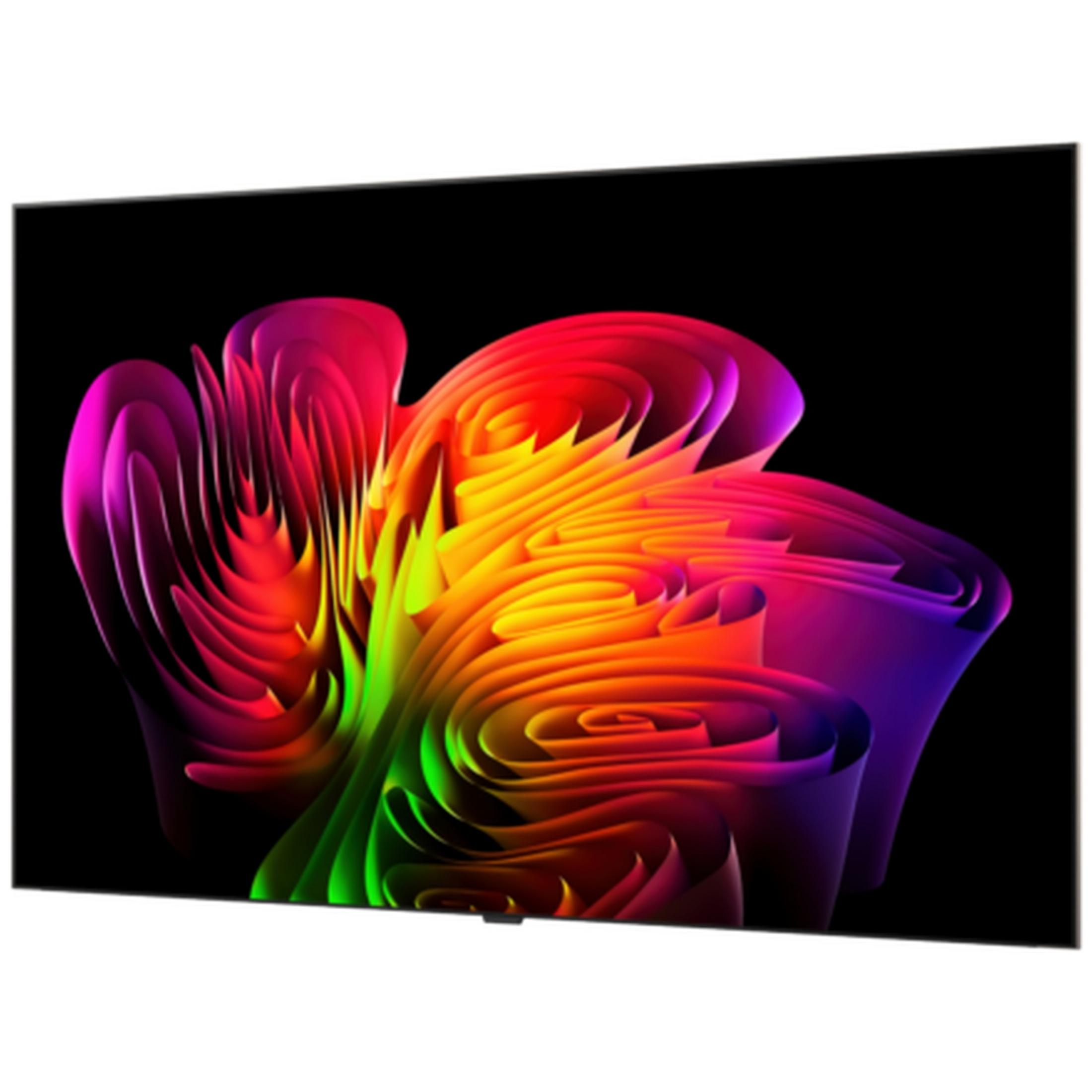 Una TV a schermo piatto mostra un vibrante e vorticoso motivo astratto di rosso, giallo, verde e viola.