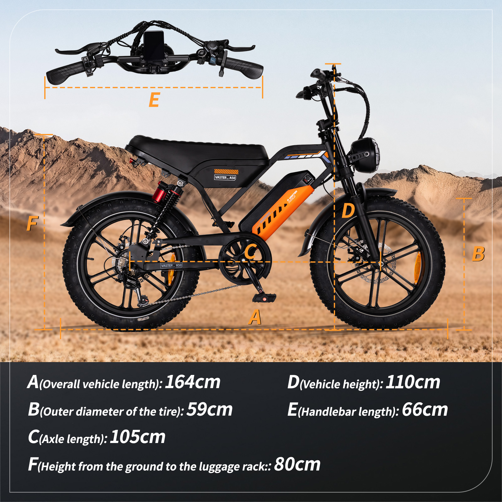Diagramma di una bicicletta elettrica con dimensioni davanti a un paesaggio montano.