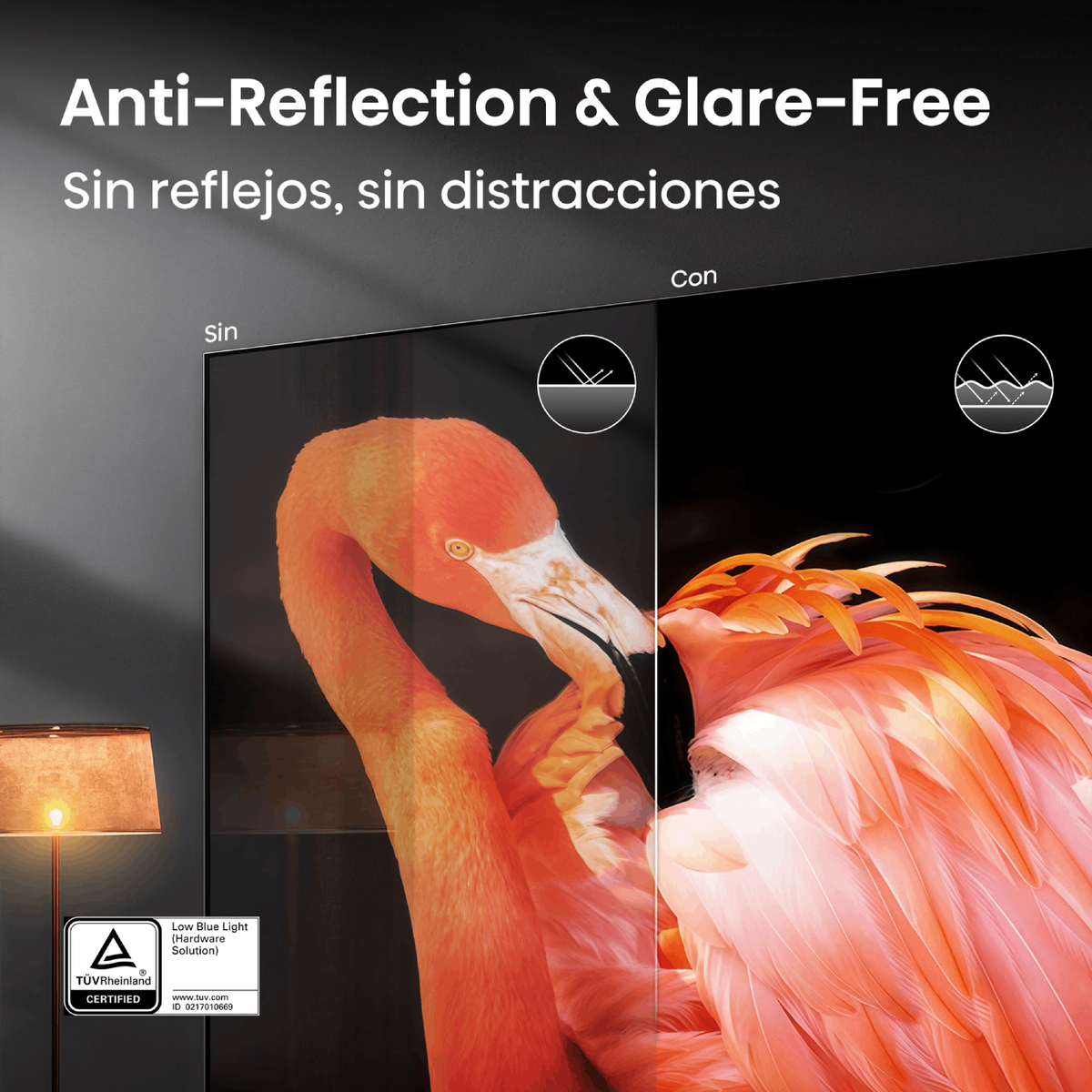 Comparación de pantalla antirreflejos con un flamenco frente a una pantalla reflectante.