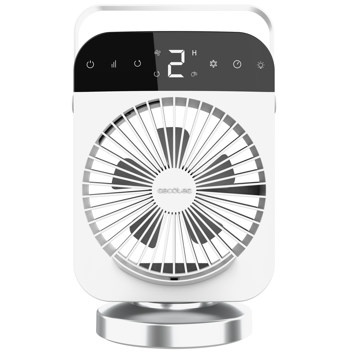 Un ventilador de mesa blanco con pantalla digital y asa sobre fondo negro.