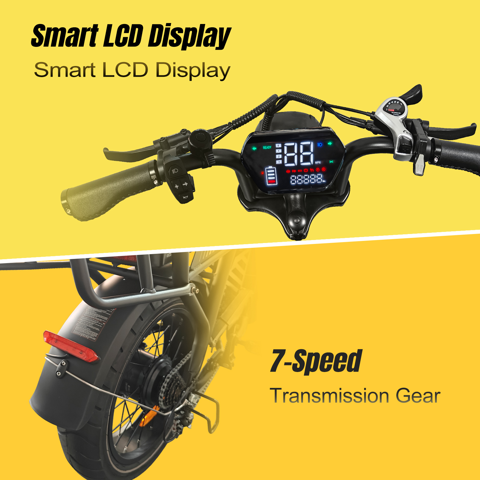 Lo schermo diviso mostra il display LCD di una bici elettrica in alto e il cambio a 7 velocità in basso su sfondo giallo.