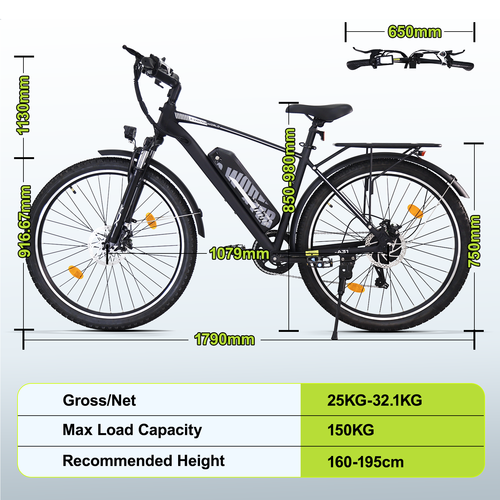 Una bicicletta elettrica nera con quote dimensionali, peso e capacità di carico su sfondo bianco.
