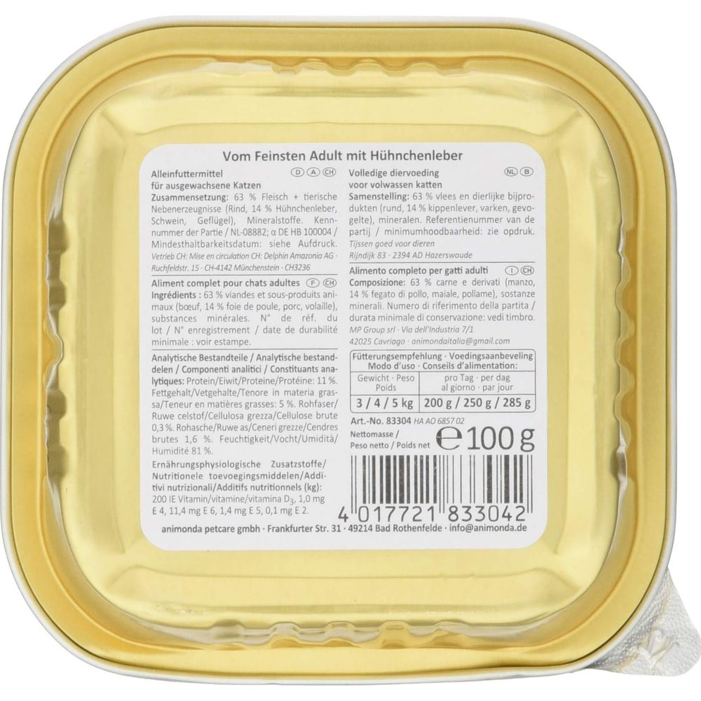 Tył żółtej tacki z karmą dla kota ze szczegółowymi informacjami o produkcie i kodem kreskowym.