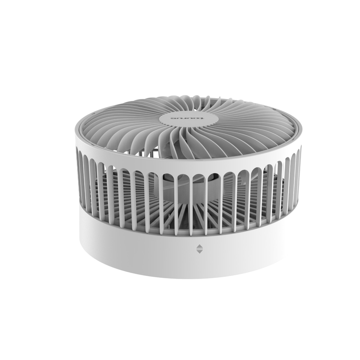 Un ventilador de escritorio compacto y moderno de color blanco sobre un fondo liso.