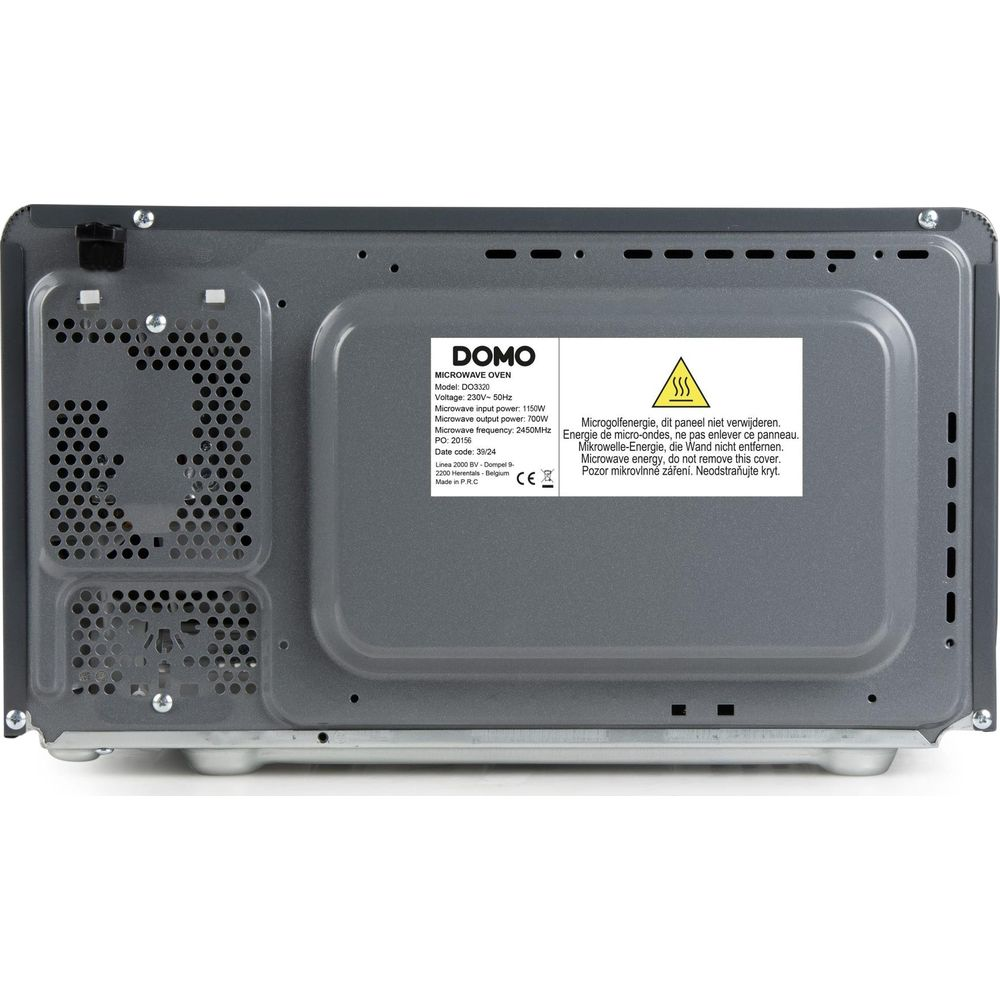 Vue arrière d'un micro-ondes Domo gris montrant les grilles d'aération, l'étiquette d'avertissement et les spécifications.