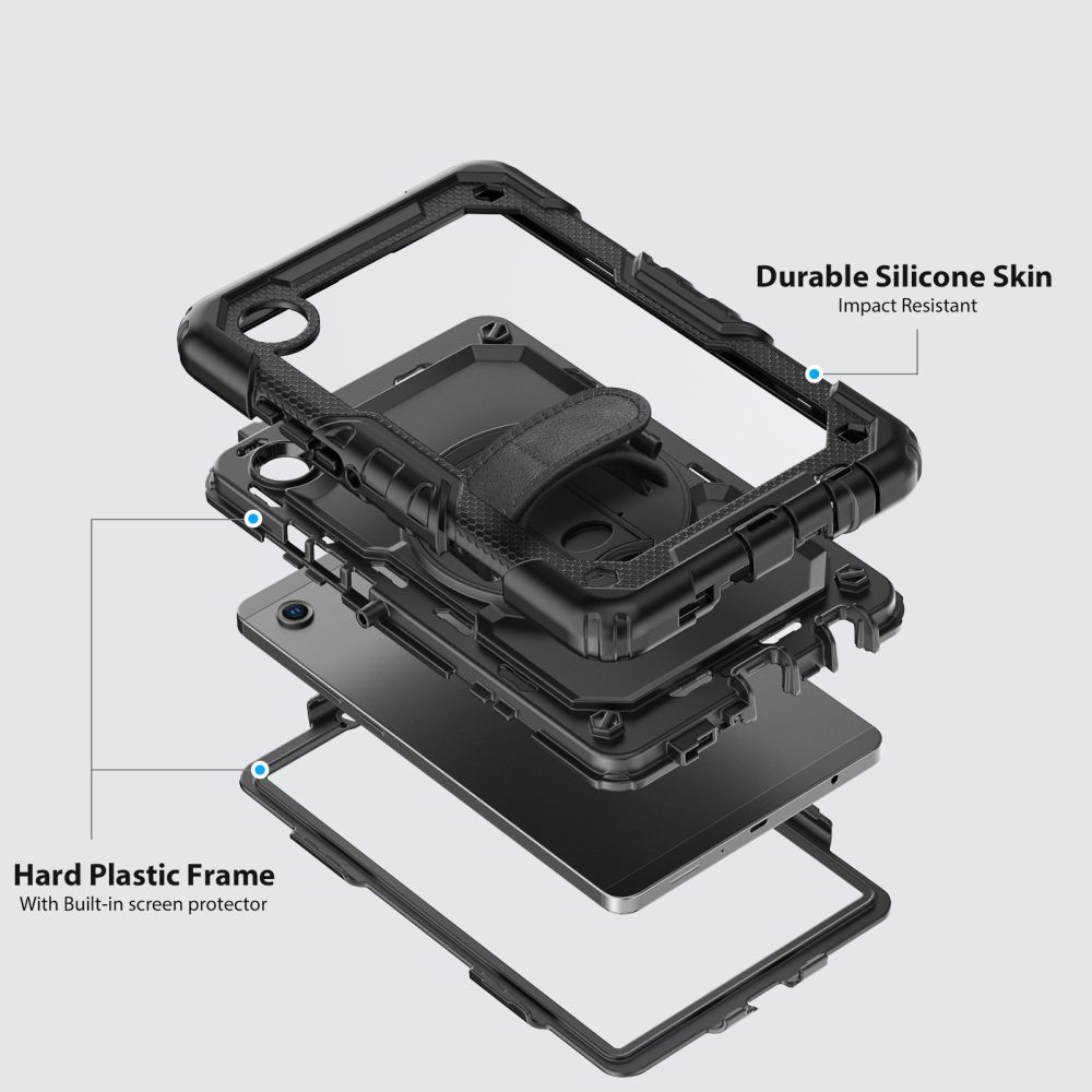 Vista esplosa di una custodia protettiva robusta per tablet, con rivestimento in silicone e cornice.