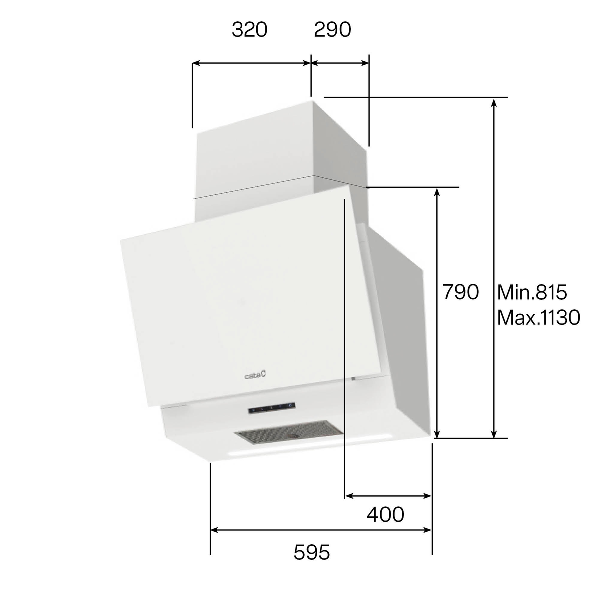 Dibujo técnico de una campana extractora blanca con medidas dimensionales.