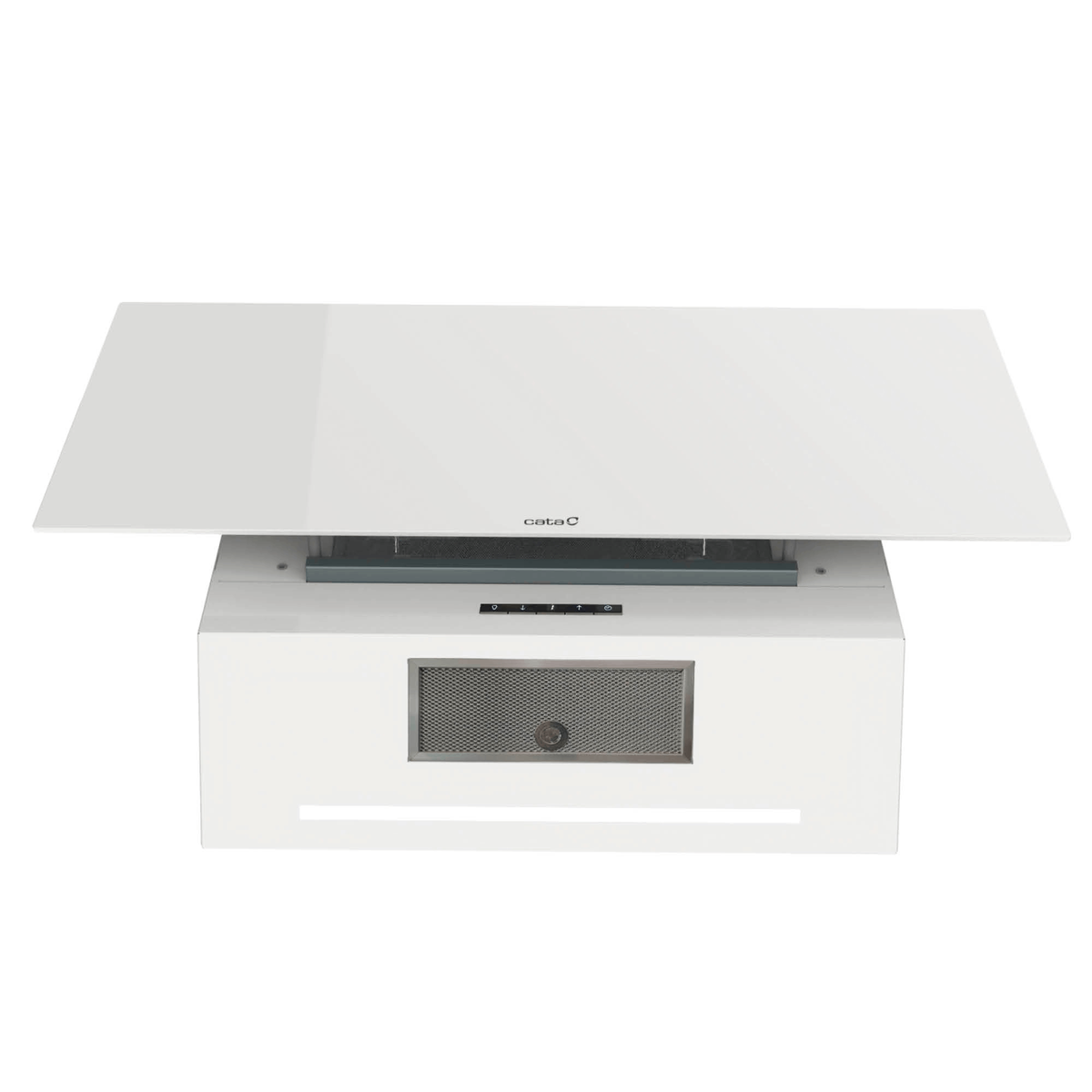 Una moderna campana extractora blanca con un panel de vidrio rectangular, botones de control y una rejilla gris.