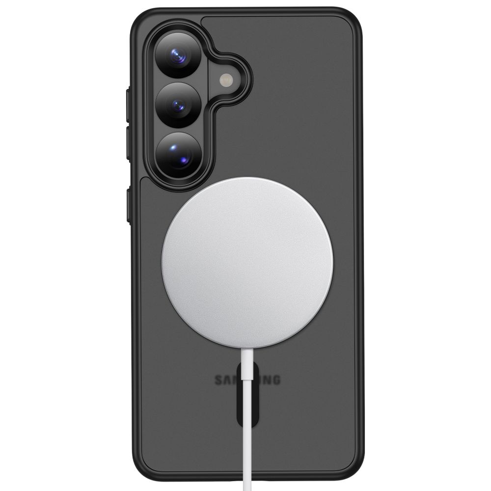 Ein schwarzes Smartphone in einer Hülle mit einem runden, weißen Magnet-Kabellos-Ladegerät.