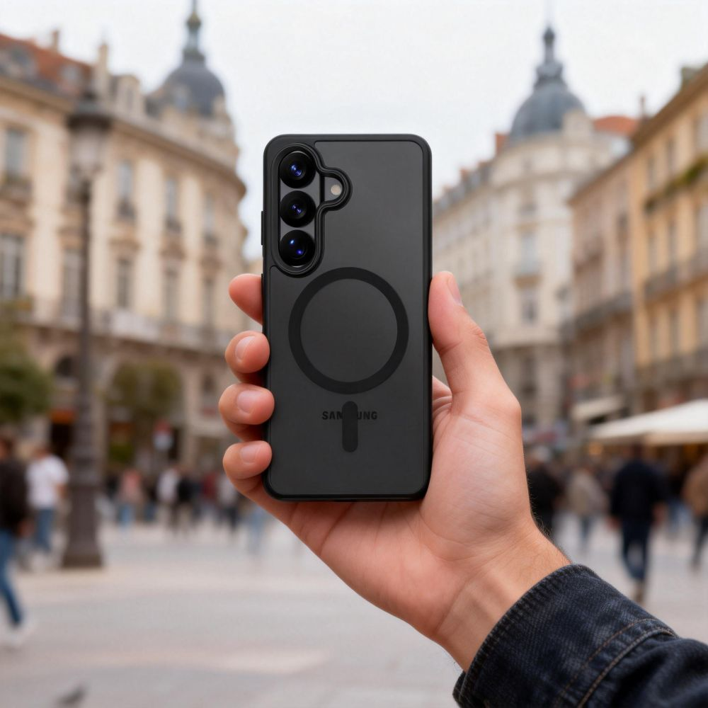 Eine Hand hält ein schwarzes Smartphone mit Hülle vor eine Stadtkulisse mit unscharfen Gebäuden.