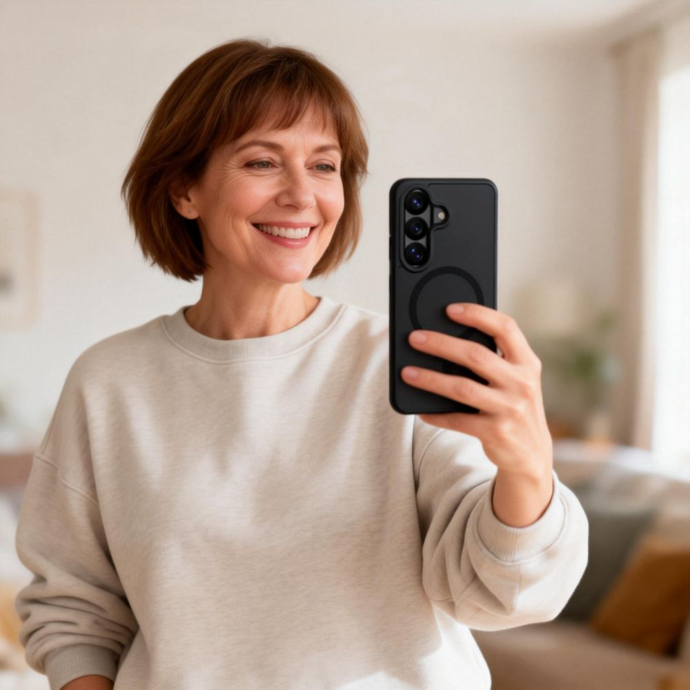 Eine lächelnde Frau mit kurzen braunen Haaren trägt einen hellen Pullover und macht drinnen ein Selfie mit ihrem Smartphone.