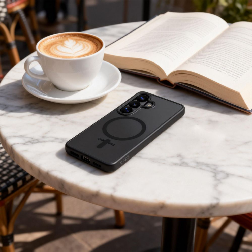 Ein schwarzes Smartphone mit Hülle, eine Tasse Cappuccino und ein offenes Buch auf einem Marmortisch.