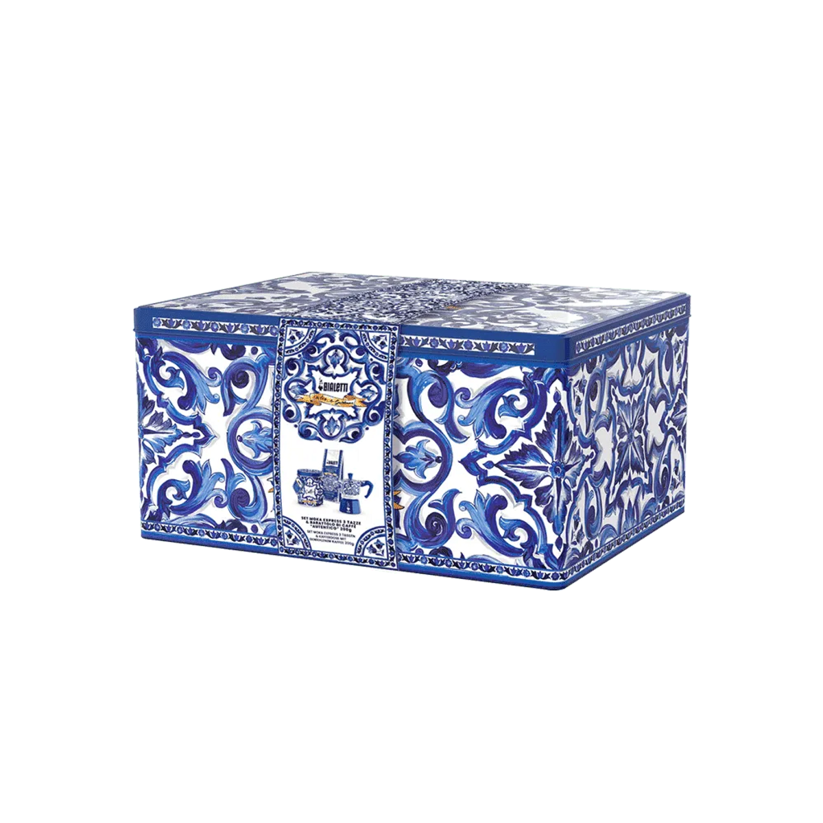 Scatola di latta rettangolare con motivo maiolica blu e bianco, avvolta da un'etichetta verticale al centro.