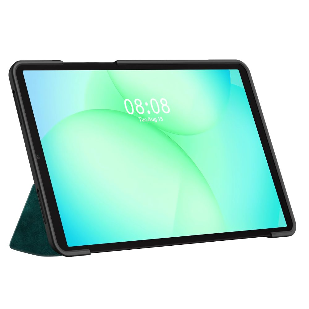 Un tablet in una custodia protettiva scura con supporto verde mostra uno schermo con sfondo verde.