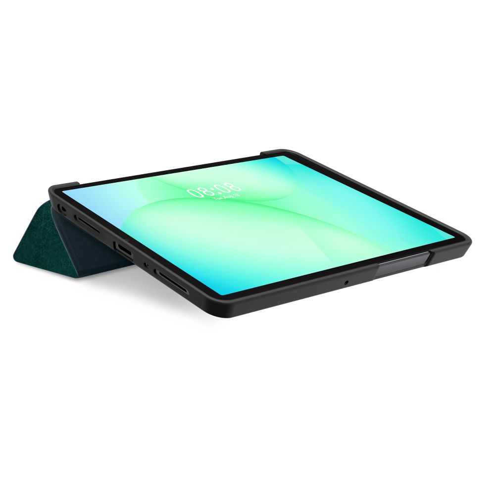 Un tablet in custodia protettiva inclinato su sfondo bianco, con uno schermo verde e blu.