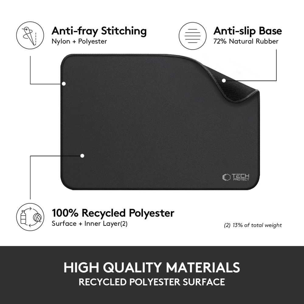 Zwarte muismat met labels die anti-rafel stiksels en 100% gerecycled polyester benadrukken.