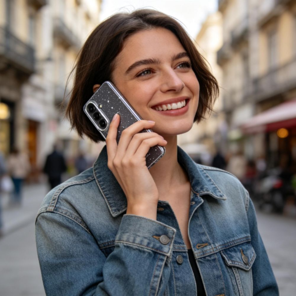 Eine lächelnde Frau mit kurzem Haar telefoniert in einer belebten Straße mit einem glitzernden Smartphone.
