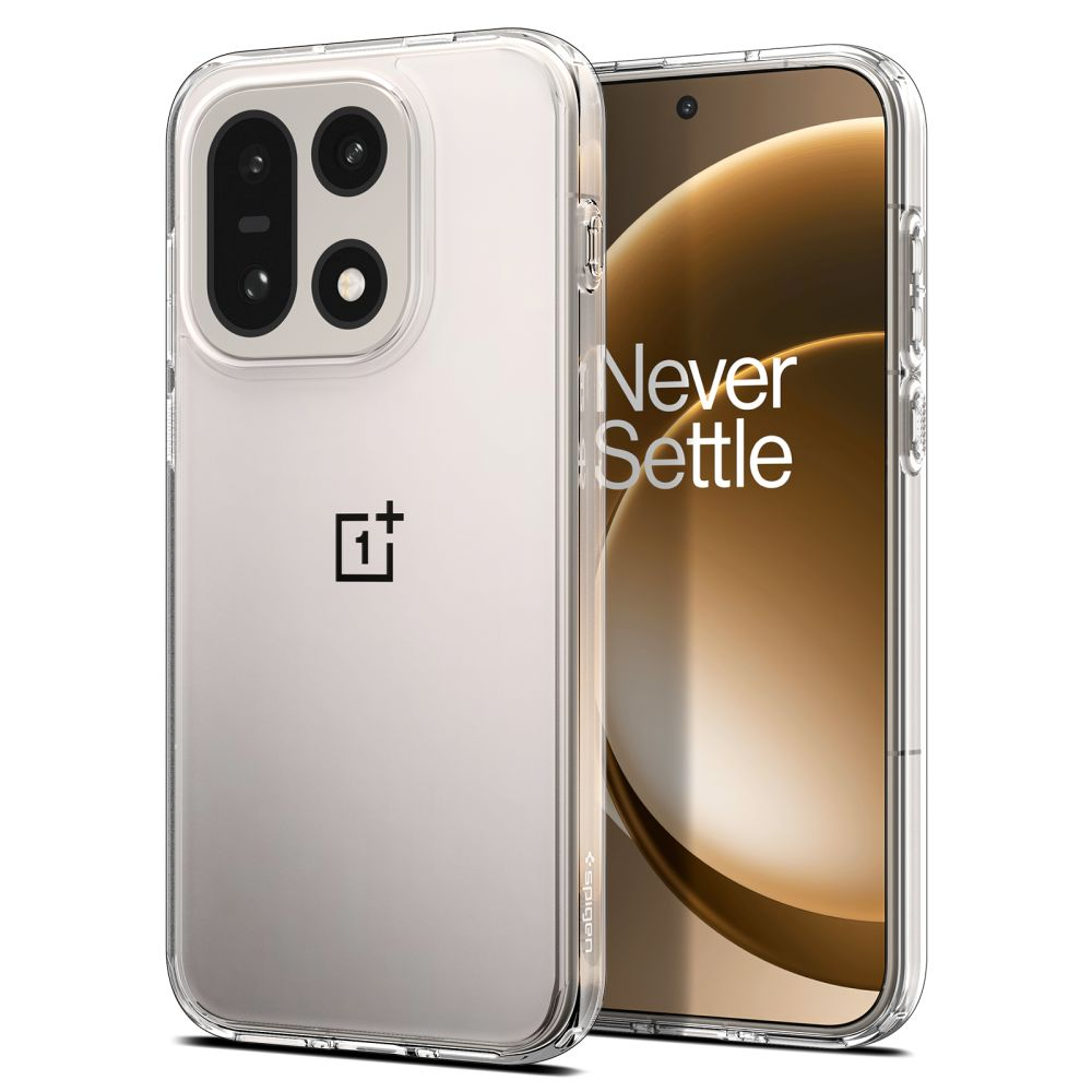 Uno smartphone in una custodia protettiva trasparente mostra la parte anteriore e posteriore con il logo OnePlus.