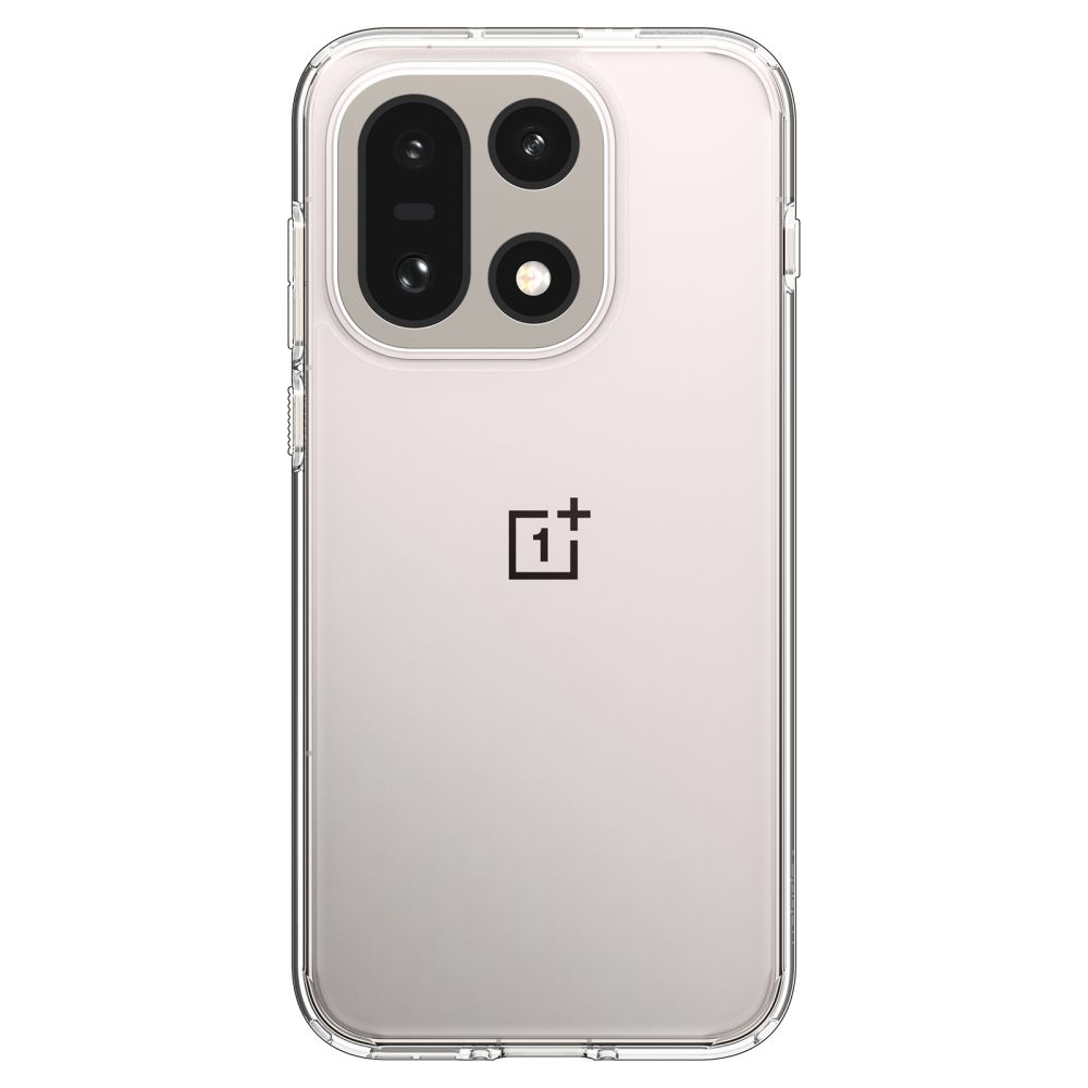 Retro di uno smartphone OnePlus con custodia trasparente, logo nero e modulo fotocamera quadrato.