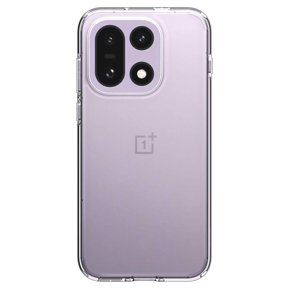 Retro di uno smartphone viola in una cover protettiva trasparente, con modulo fotocamera verticale e logo.