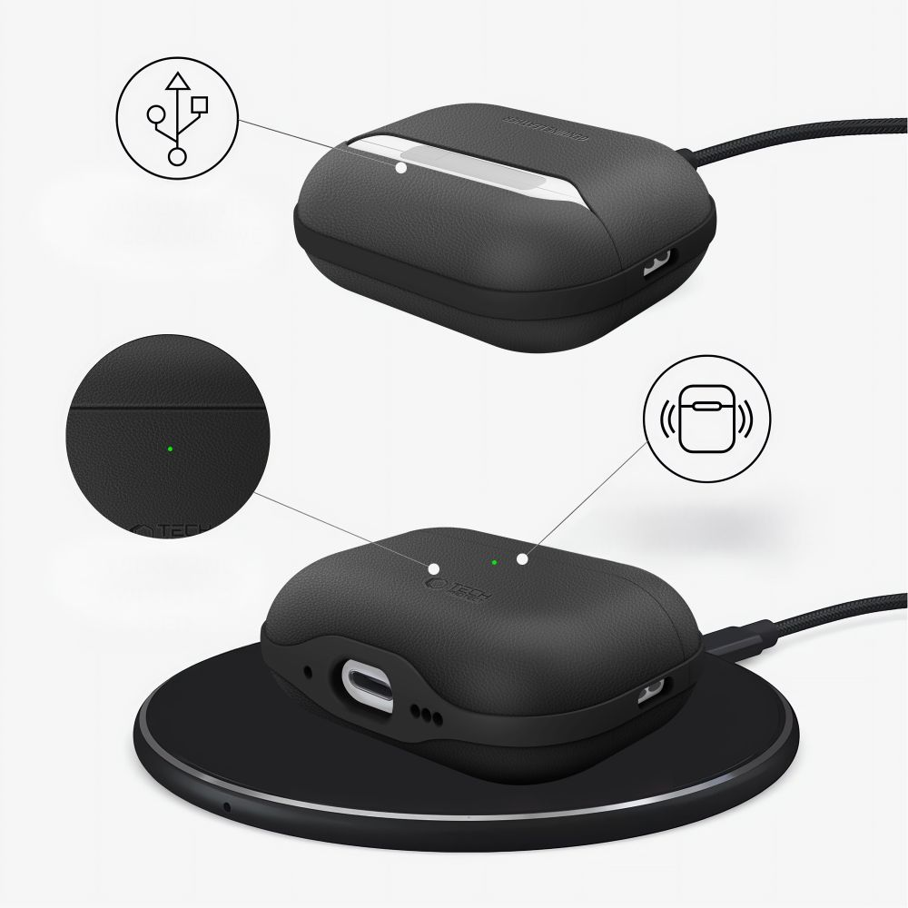 Schwarze AirPods-Hülle mit kabelloser Ladefunktion und USB-Kabel.