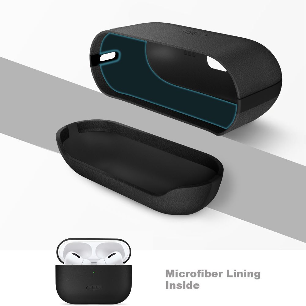 Schwarze Schutzhülle mit blauer Mikrofaser-Innenseite für Apple AirPods Pro in geöffnetem und geschlossenem Zustand.
