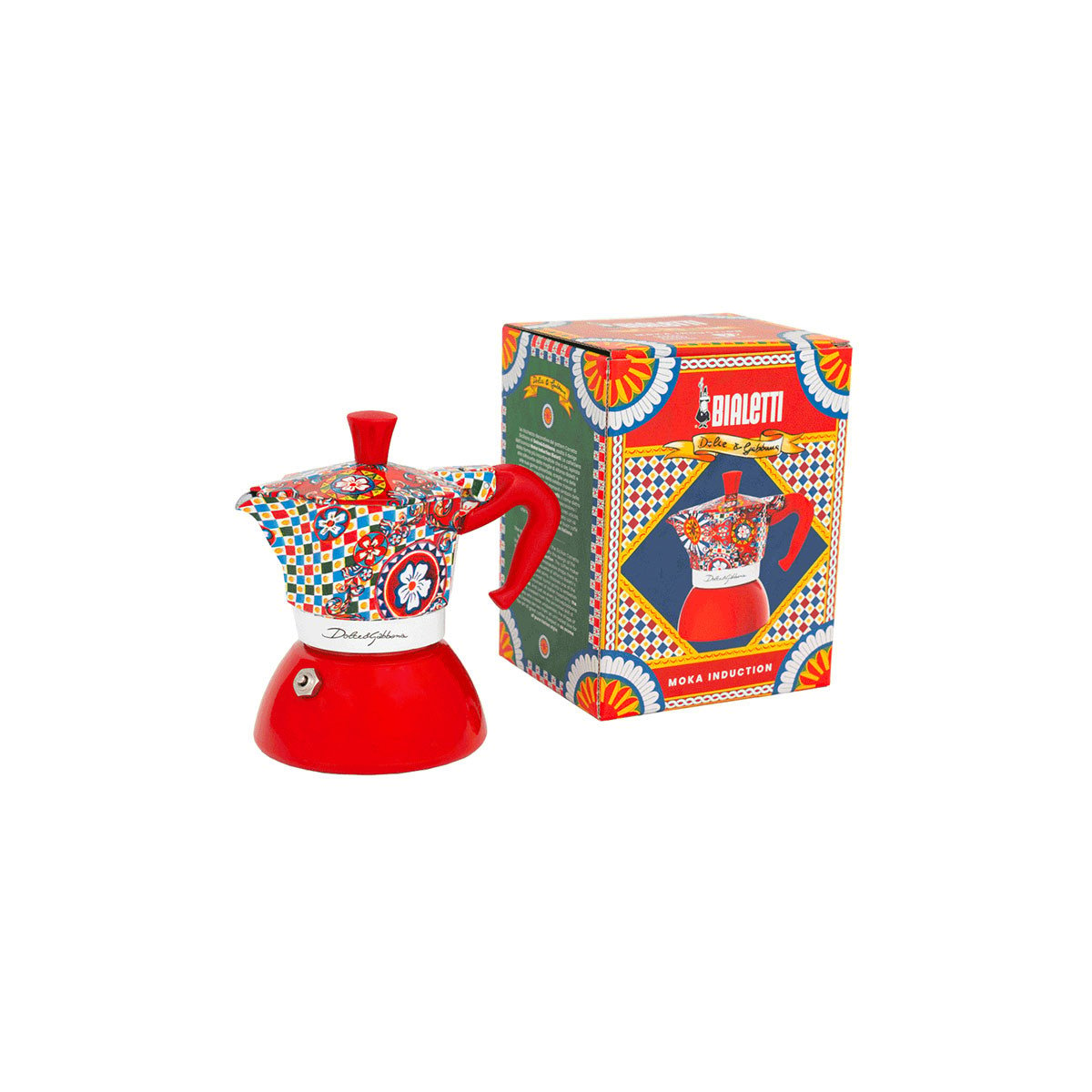 Una colorida cafetera Bialetti Moka en diseño Dolce & Gabbana con caja de regalo a juego.