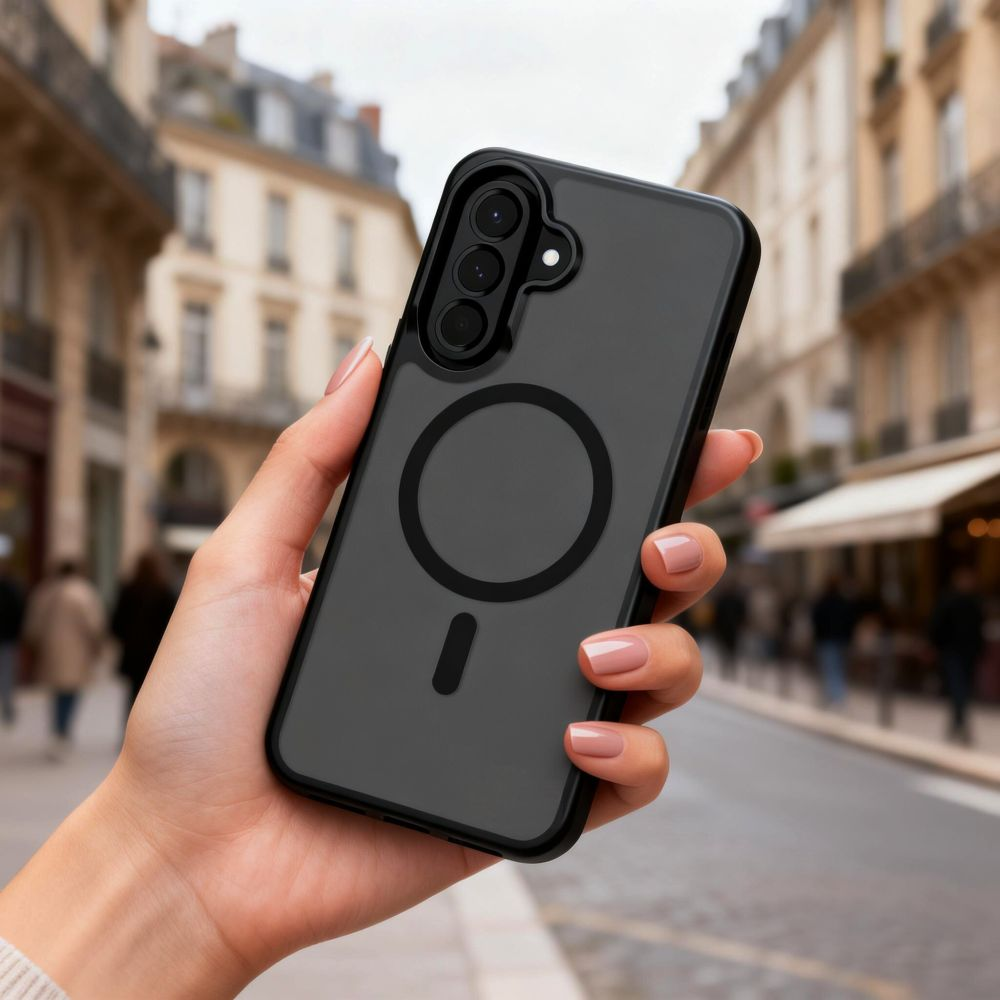 Eine Hand hält ein schwarzes Smartphone mit Hülle vor einer verschwommenen Straßenszene.