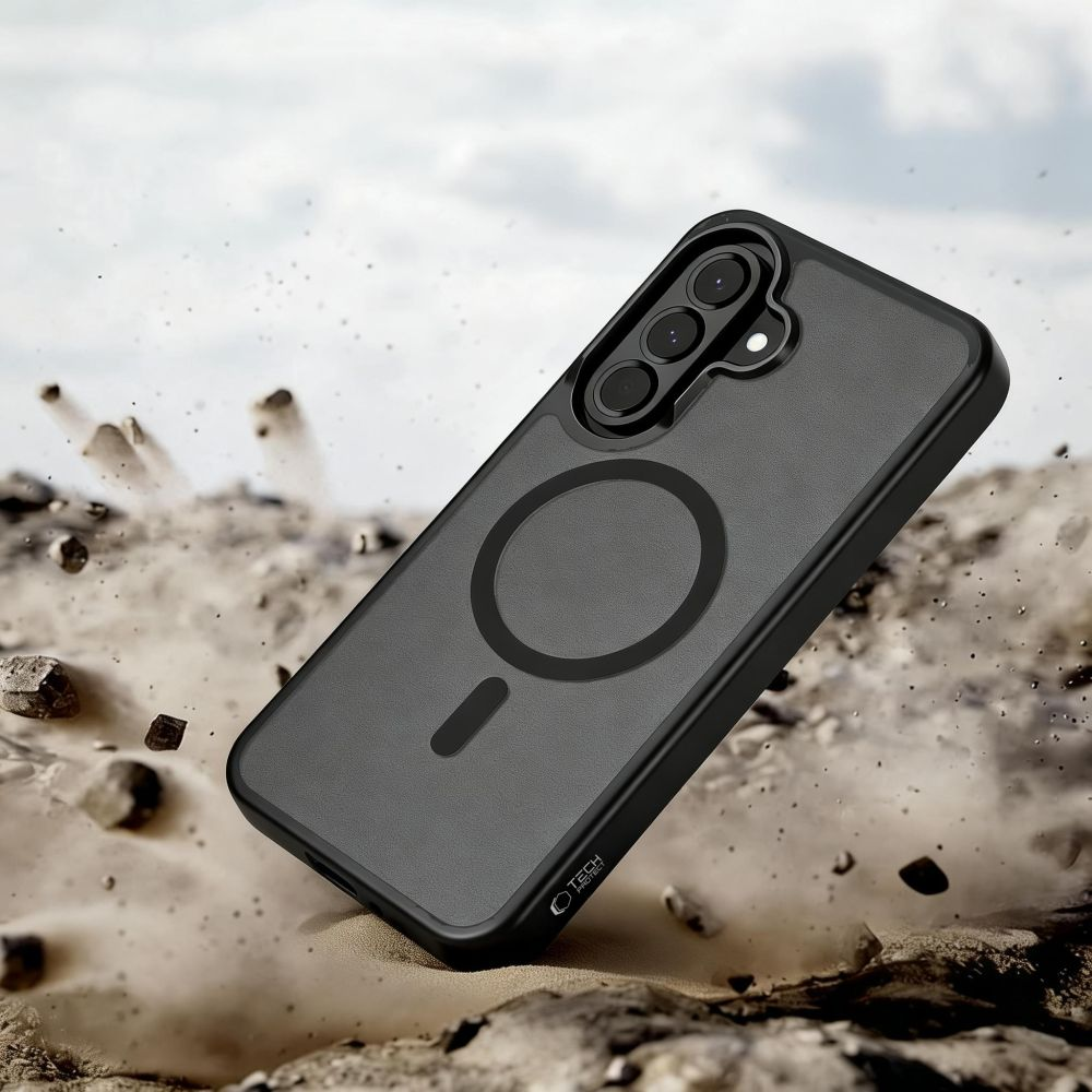Ein schwarzes Smartphone in Schutzhülle schwebt über felsiger Landschaft mit fliegenden Trümmern.