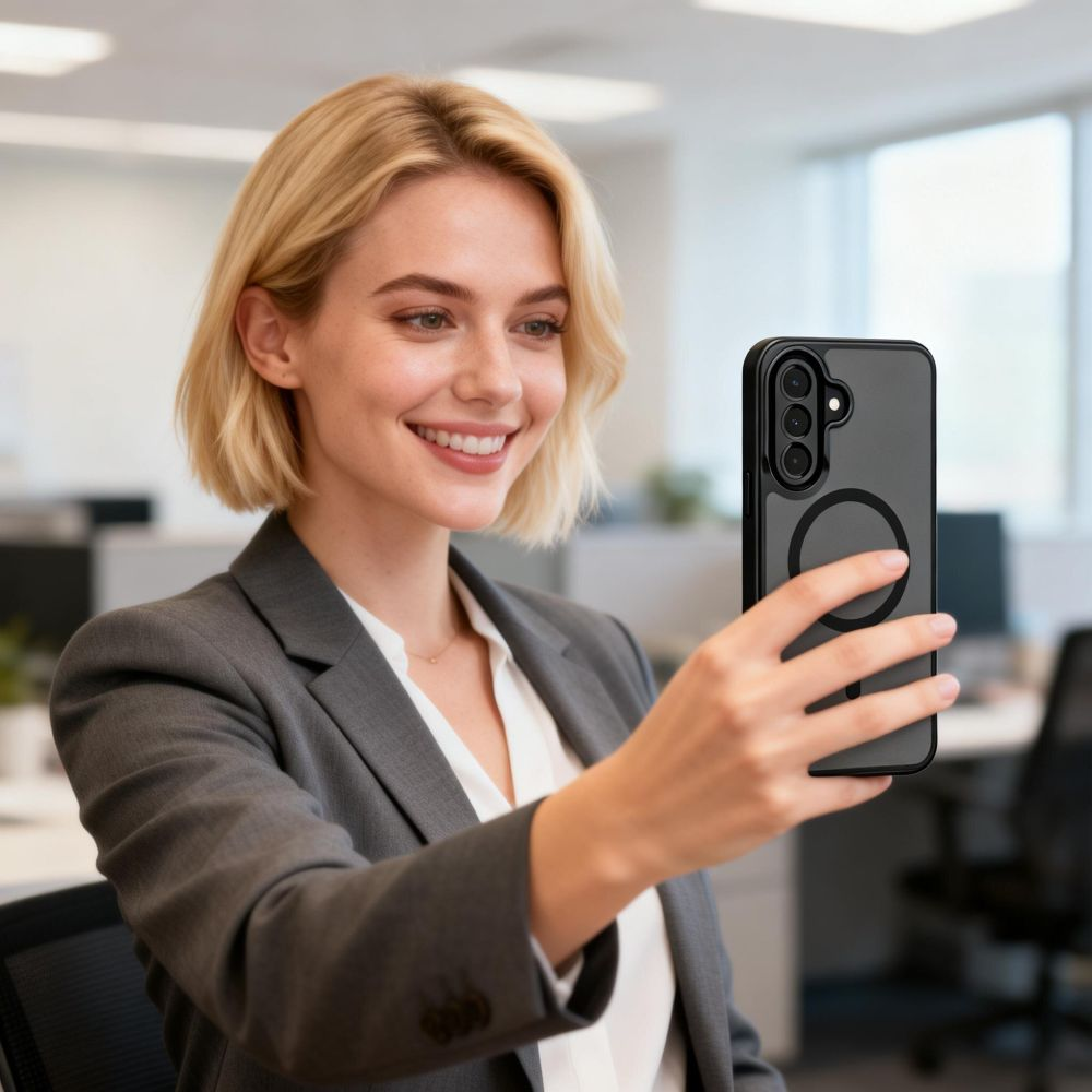Eine blonde Geschäftsfrau nimmt in einem modernen Büro ein Selfie mit ihrem Smartphone auf.